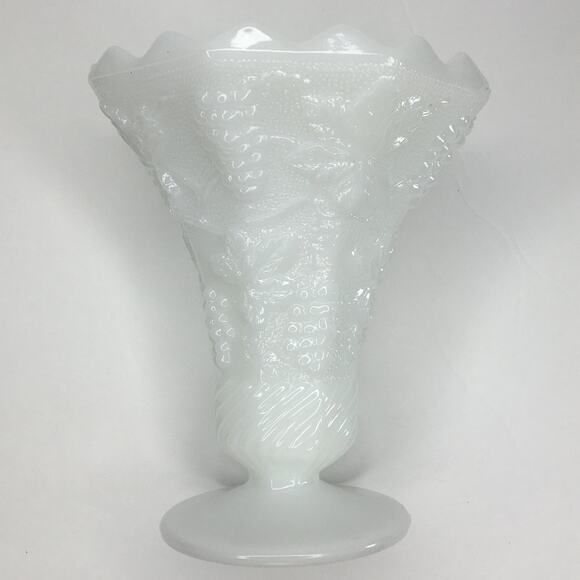 Vintage MILK GLASS Vase Footed Octagon Flared Top Raised Grapevine Pattern - Picture 1 of 10